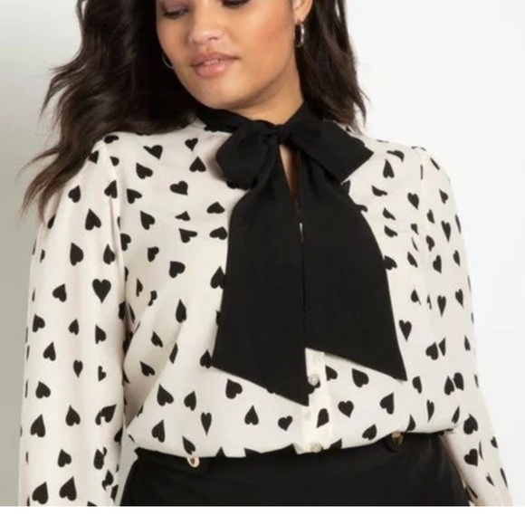 Eloquii Tops - Eloquii Black and White Heart Blouse with Bow Size 24